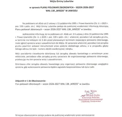 Wójt Gminy Lubartów informuje o planie polowań zbiorowych na sezon 2026/2027