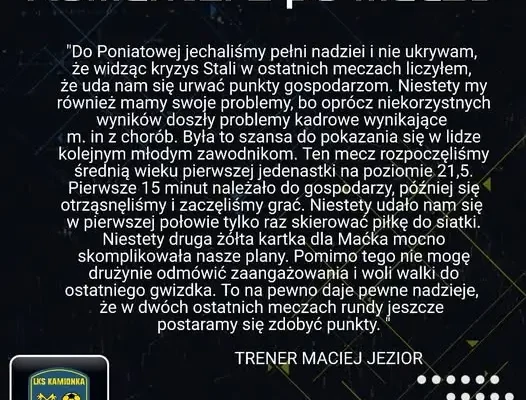 Trener Maciej Jezior podsumowuje porażkę ze Stalą Poniatowa: młody skład, problemy kadrowe i walka do końca