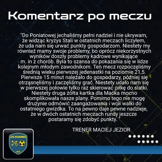 Trener Maciej Jezior podsumowuje porażkę ze Stalą Poniatowa: młody skład, problemy kadrowe i walka do końca