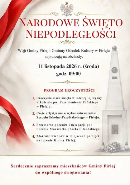 Gmina Firlej zaprasza na obchody Święta Niepodległości 11 listopada 2026